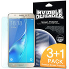 Galaxy J5 2016 [INVISIBLE DEFENDER] 3+1 Pack - A gold Galaxy J5 2016 phone next to its 3+1 pack screen protector box.