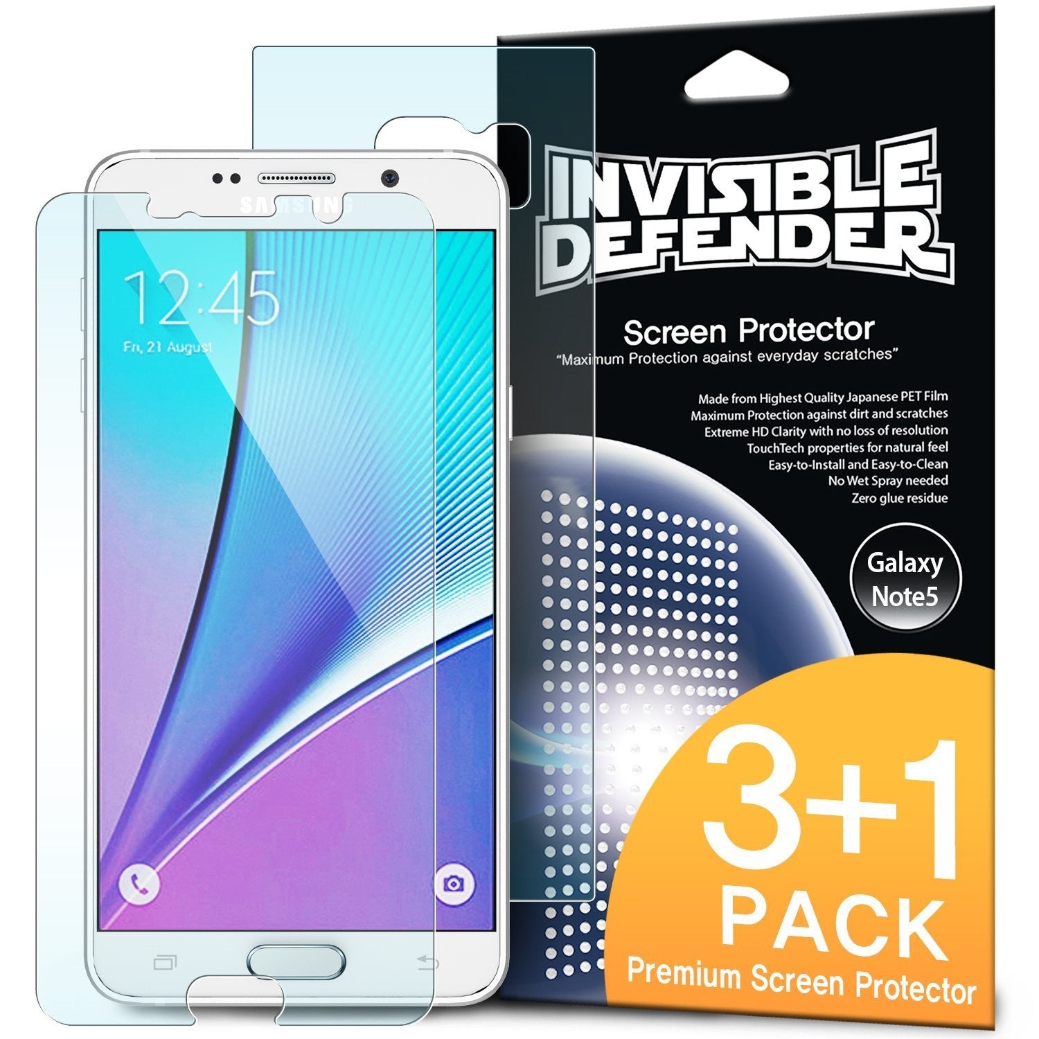 Galaxy Note 5 Screen Protector | Film - Galaxy Note 5 Screen Protector - Invisible Defender film packaging with a 3+1 pack label and a clear screen protector.