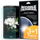 LG K10 Screen Protector | Invisible Defender - LG K10 Screen Protector - Invisible Defender 3+1 pack with a smartphone displaying a floral wallpaper and product packaging.