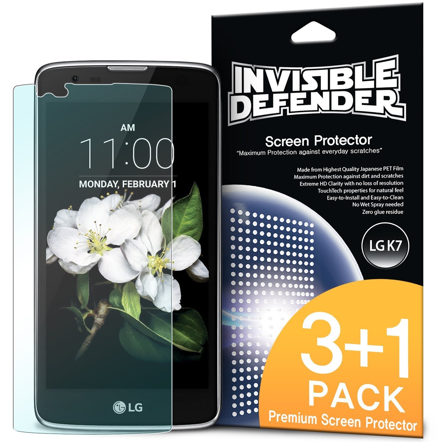 LG K10 Screen Protector | Invisible Defender - LG K10 Screen Protector - Invisible Defender 3+1 pack with a smartphone displaying a floral wallpaper and product packaging.