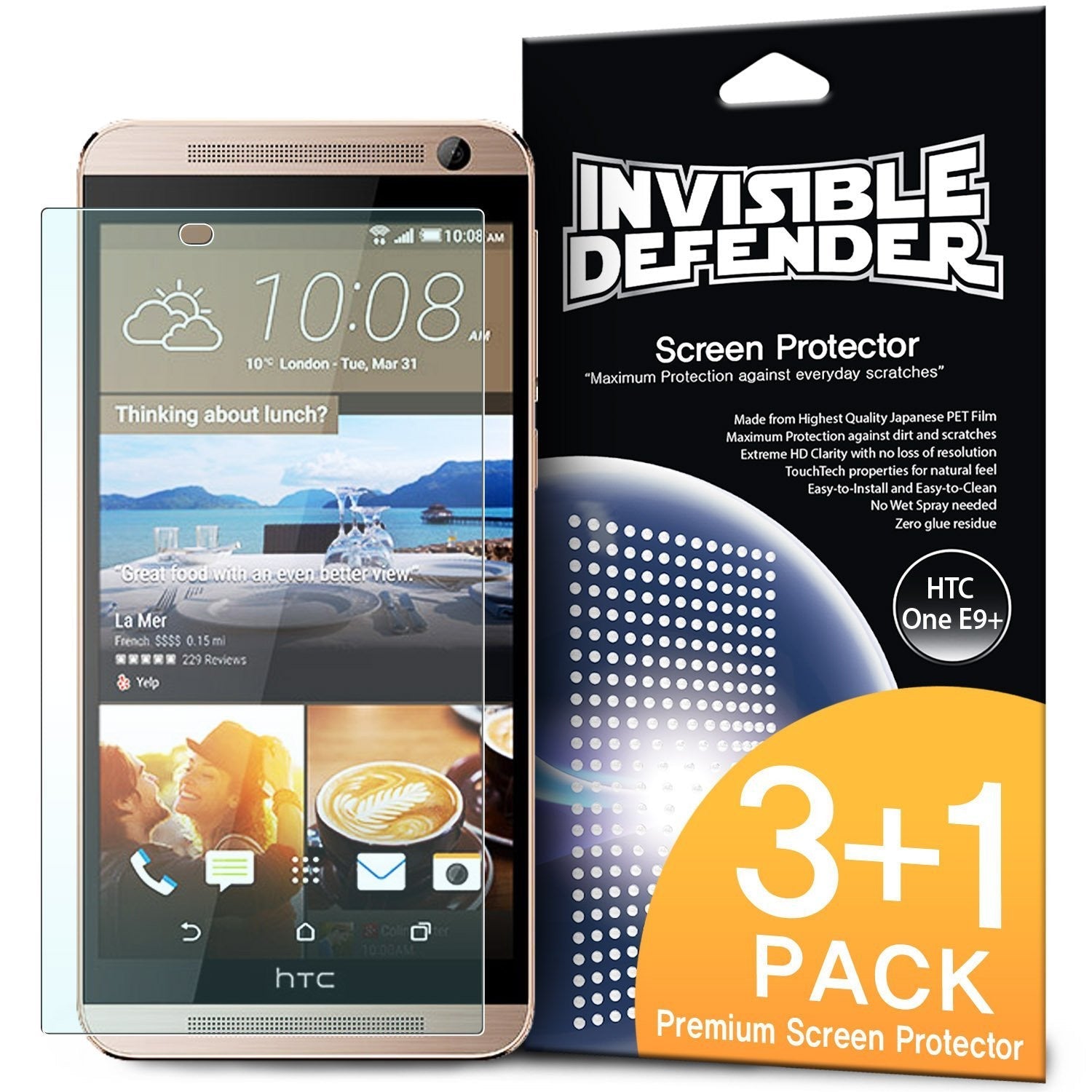 HTC E9+ [INVISIBLE DEFENDER] 3 Pack - Smartphone with screen protector overlay next to 3+1 pack retail packaging.