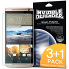 HTC E9+ [INVISIBLE DEFENDER] 3 Pack - HTC One E9+ smartphone with a screen protector overlay next to its retail packaging.