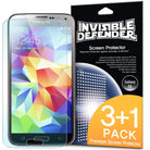 Galaxy S5 [INVISIBLE DEFENDER] 3+1 Pack Screen Protector - Galaxy S5 smartphone next to its 3+1 pack retail box.