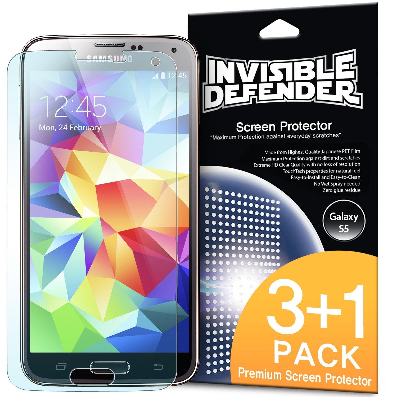 Galaxy S5 [INVISIBLE DEFENDER] 3+1 Pack Screen Protector - Galaxy S5 smartphone next to its 3+1 pack retail box.