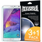 Galaxy Note 4 [INVISIBLE DEFENDER] 3+1 Pack - A Galaxy Note 4 smartphone next to its 3+1 pack screen protector packaging.