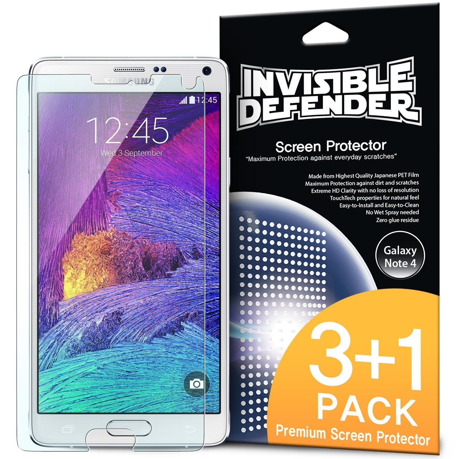 Galaxy Note 4 [INVISIBLE DEFENDER] 3+1 Pack - A Galaxy Note 4 smartphone next to its 3+1 pack screen protector packaging.