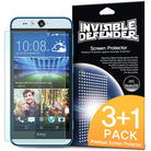 HTC Desire EYE [INVISIBLE DEFENDER] 3 Pack - HTC Desire EYE smartphone with screen protector next to 3+1 pack box.
