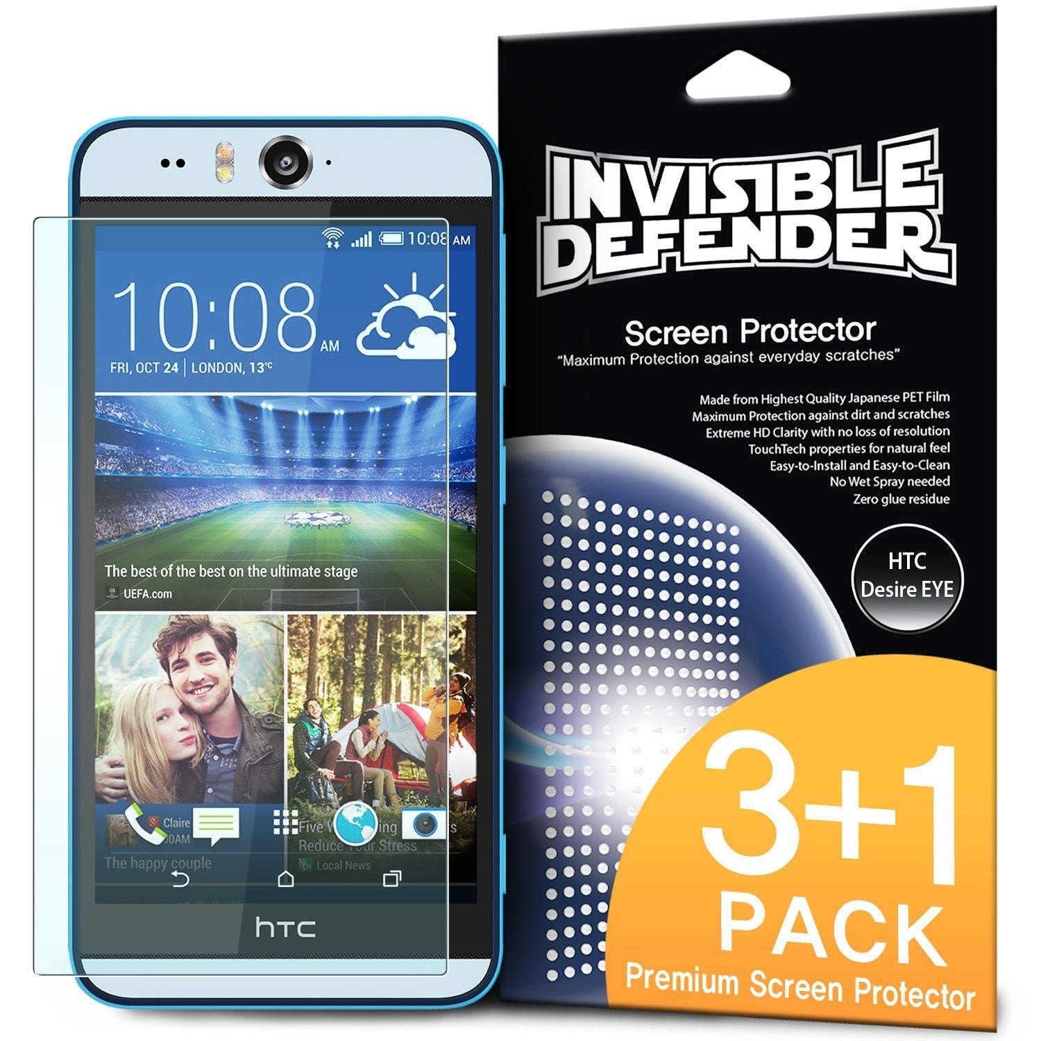 HTC Desire EYE [INVISIBLE DEFENDER] 3 Pack - HTC Desire EYE smartphone with screen protector next to 3+1 pack box.