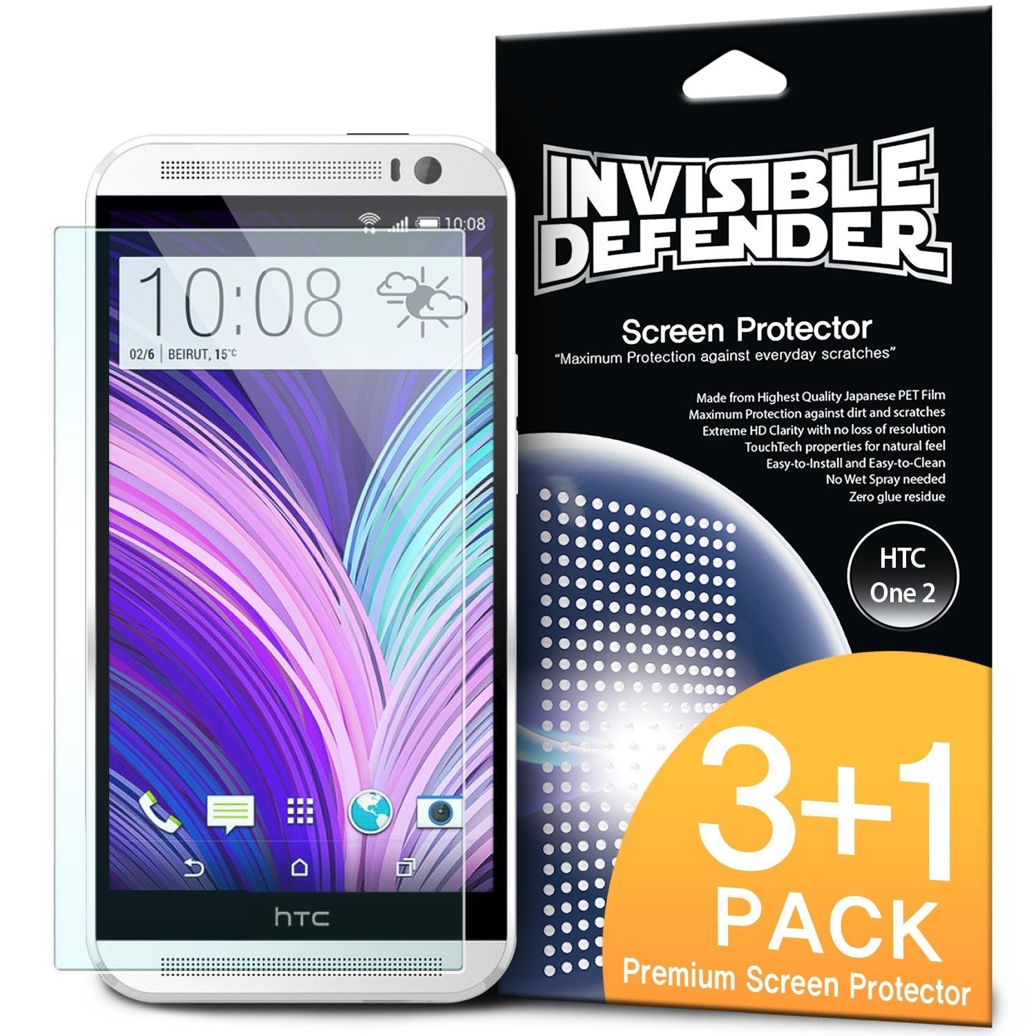 HTC One M9 [INVISIBLE DEFENDER] 3+1 Pack - HTC One M9 smartphone next to a 3+1 pack of Invisible Defender screen protectors.