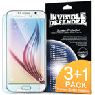 Galaxy S6 [INVISIBLE DEFENDER] 3+1 Pack Screen Protector - Galaxy S6 phone with transparent film and retail packaging.