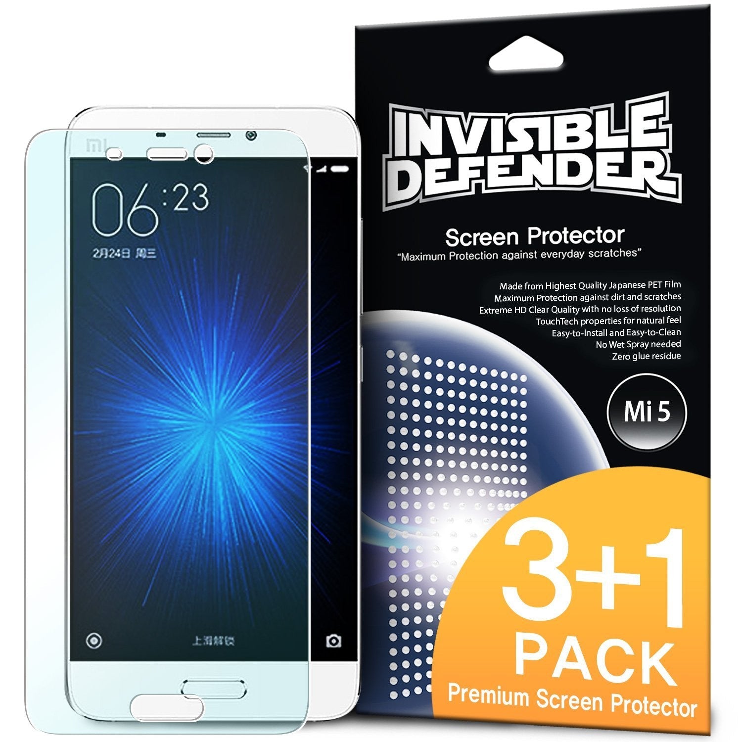 Xiaomi Mi 5 [INVISIBLE DEFENDER] Full Coverage Screen Protector [4 Pack] - Screen protector film next to its retail box.