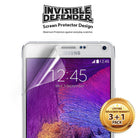 Galaxy Note 4 [INVISIBLE DEFENDER] 3+1 Pack - Screen protector being applied to a Samsung Galaxy Note 4 with a 3+1 pack seal.