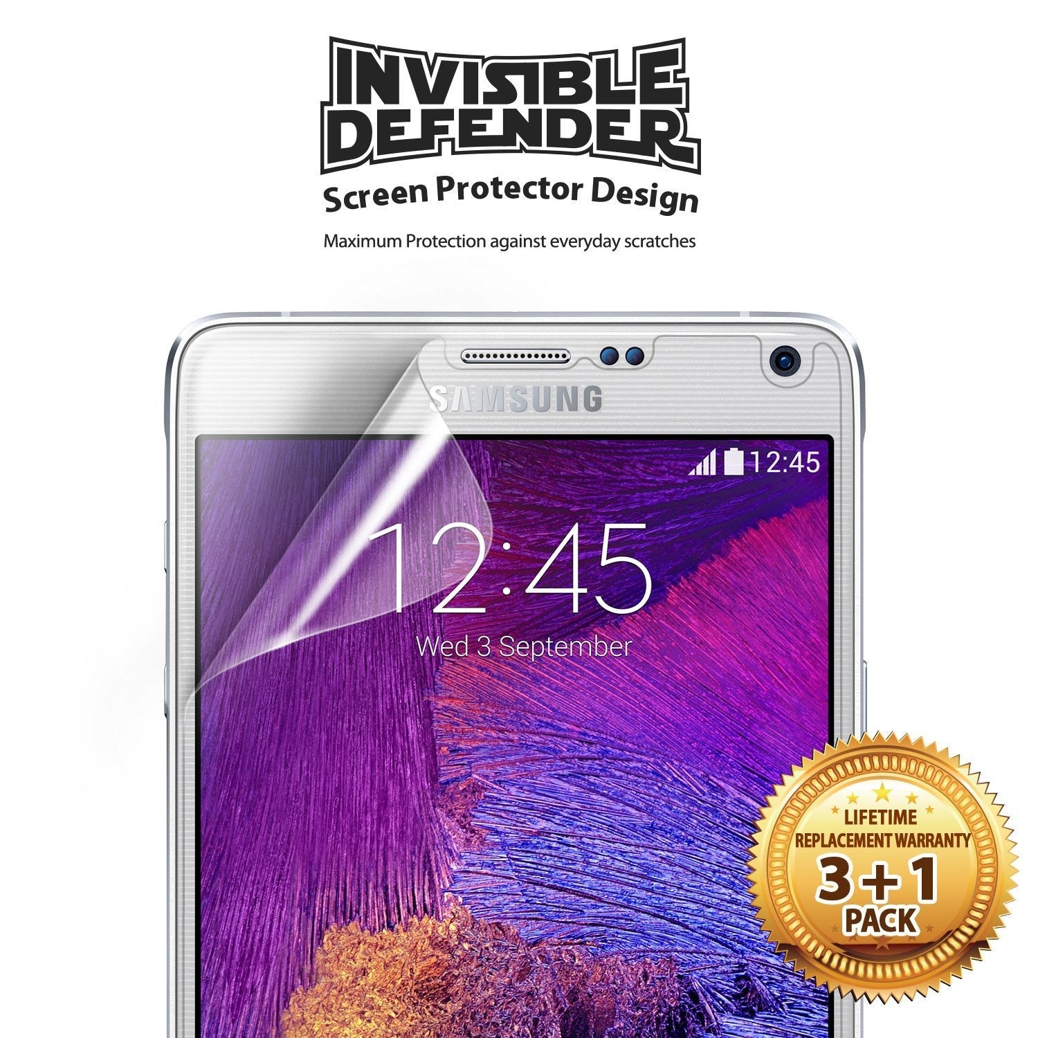 Galaxy Note 4 [INVISIBLE DEFENDER] 3+1 Pack - Screen protector being applied to a Samsung Galaxy Note 4 with a 3+1 pack seal.
