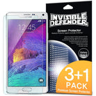 Galaxy Note 4 [INVISIBLE DEFENDER] 3+1 Pack - A Galaxy Note 4 phone with a screen protector next to its retail packaging.