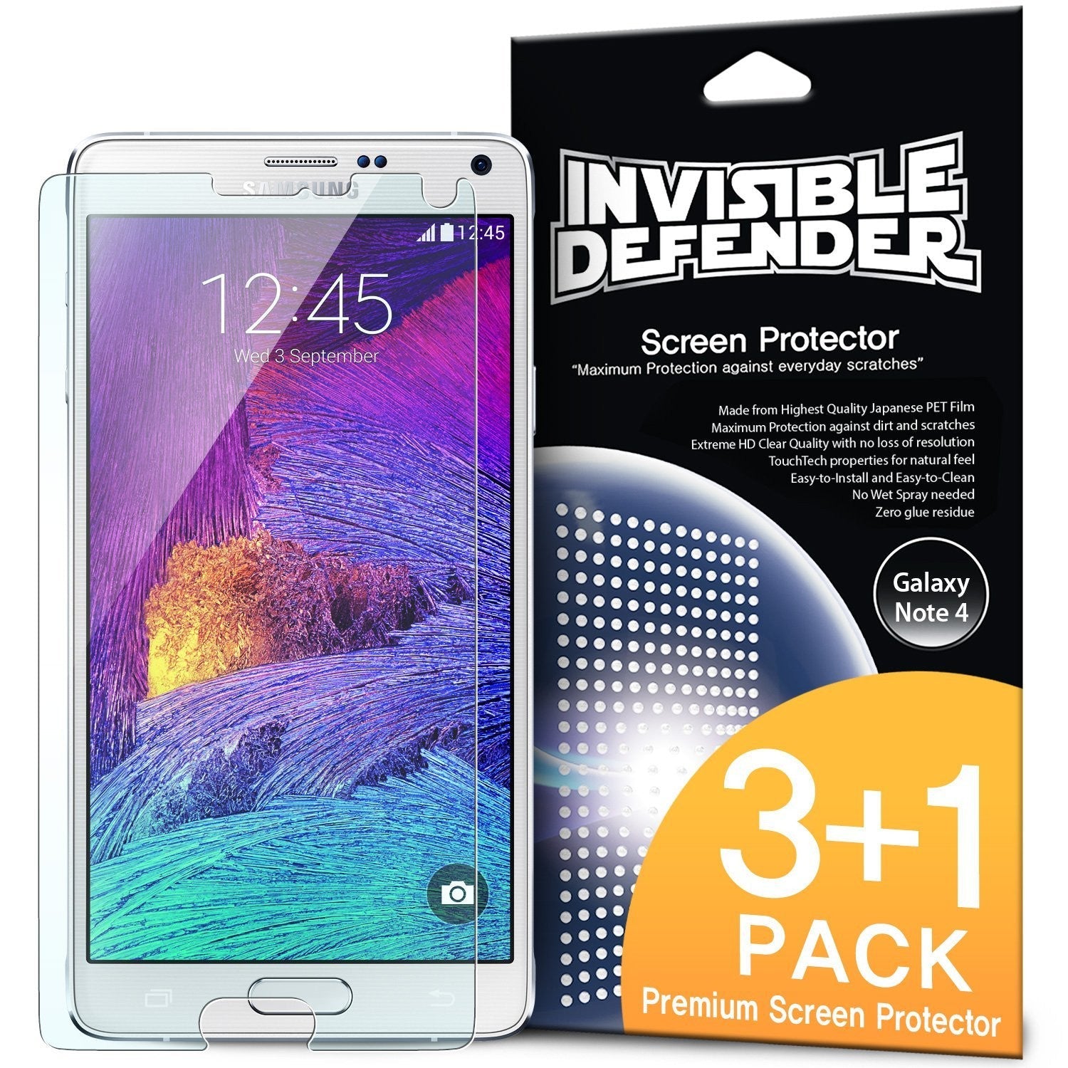 Galaxy Note 4 [INVISIBLE DEFENDER] 3+1 Pack - A Galaxy Note 4 phone with a screen protector next to its retail packaging.