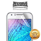 Galaxy J1 [INVISIBLE DEFENDER] 3+1 Pack - Samsung Galaxy J1 with a partially applied screen protector and 3+1 pack seal.