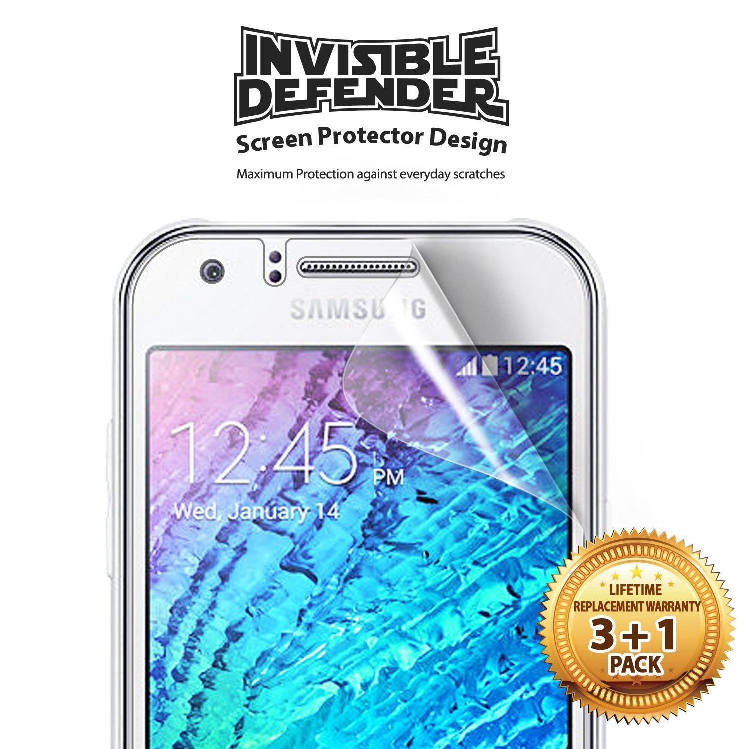 Galaxy J1 [INVISIBLE DEFENDER] 3+1 Pack - Samsung Galaxy J1 with a partially applied screen protector and 3+1 pack seal.