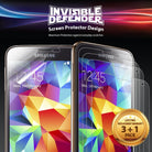 Galaxy S5 [INVISIBLE DEFENDER] 3+1 Pack Screen Protector - Two Samsung phones with screen protectors and 3+1 pack seal.
