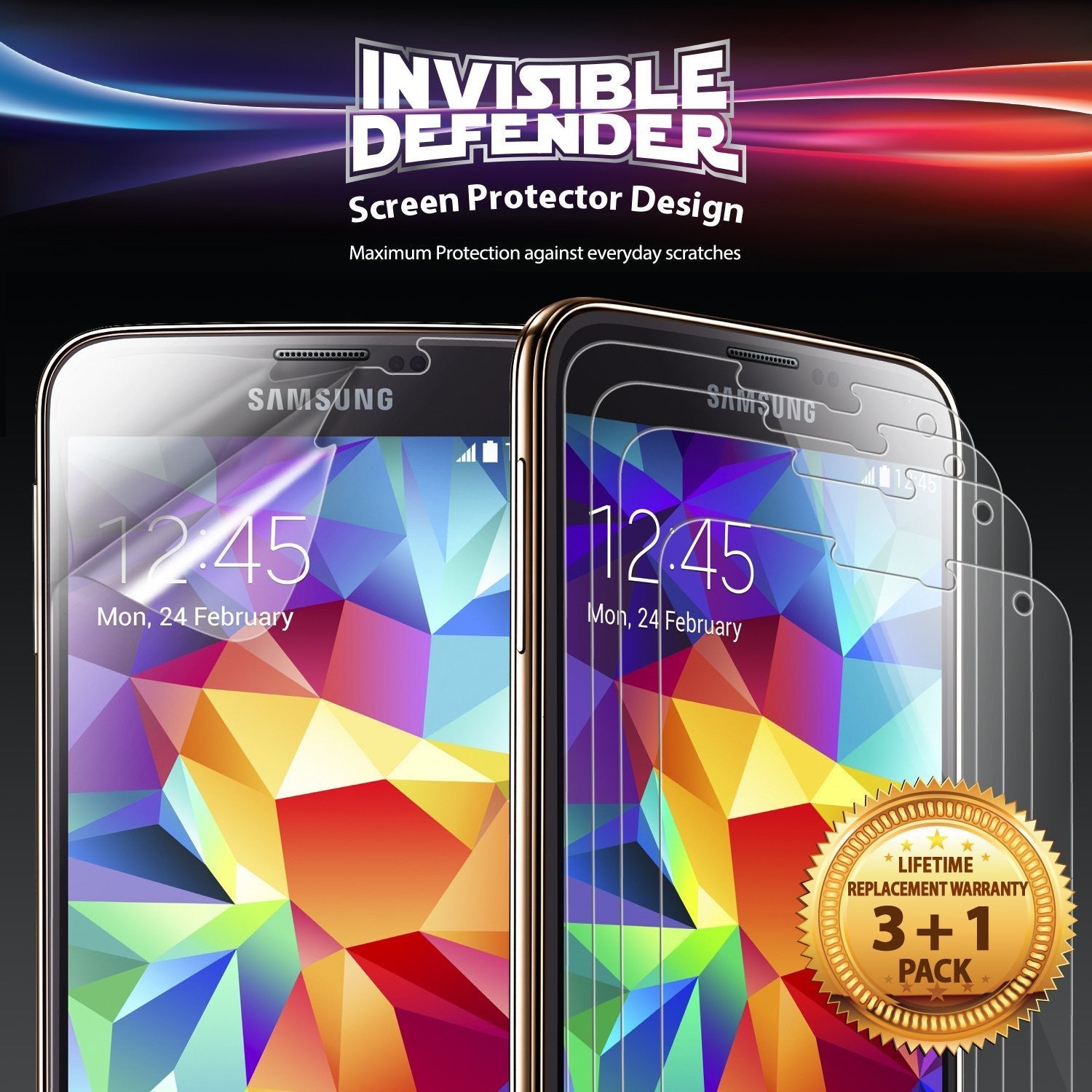 Galaxy S5 [INVISIBLE DEFENDER] 3+1 Pack Screen Protector - Two Samsung phones with screen protectors and 3+1 pack seal.