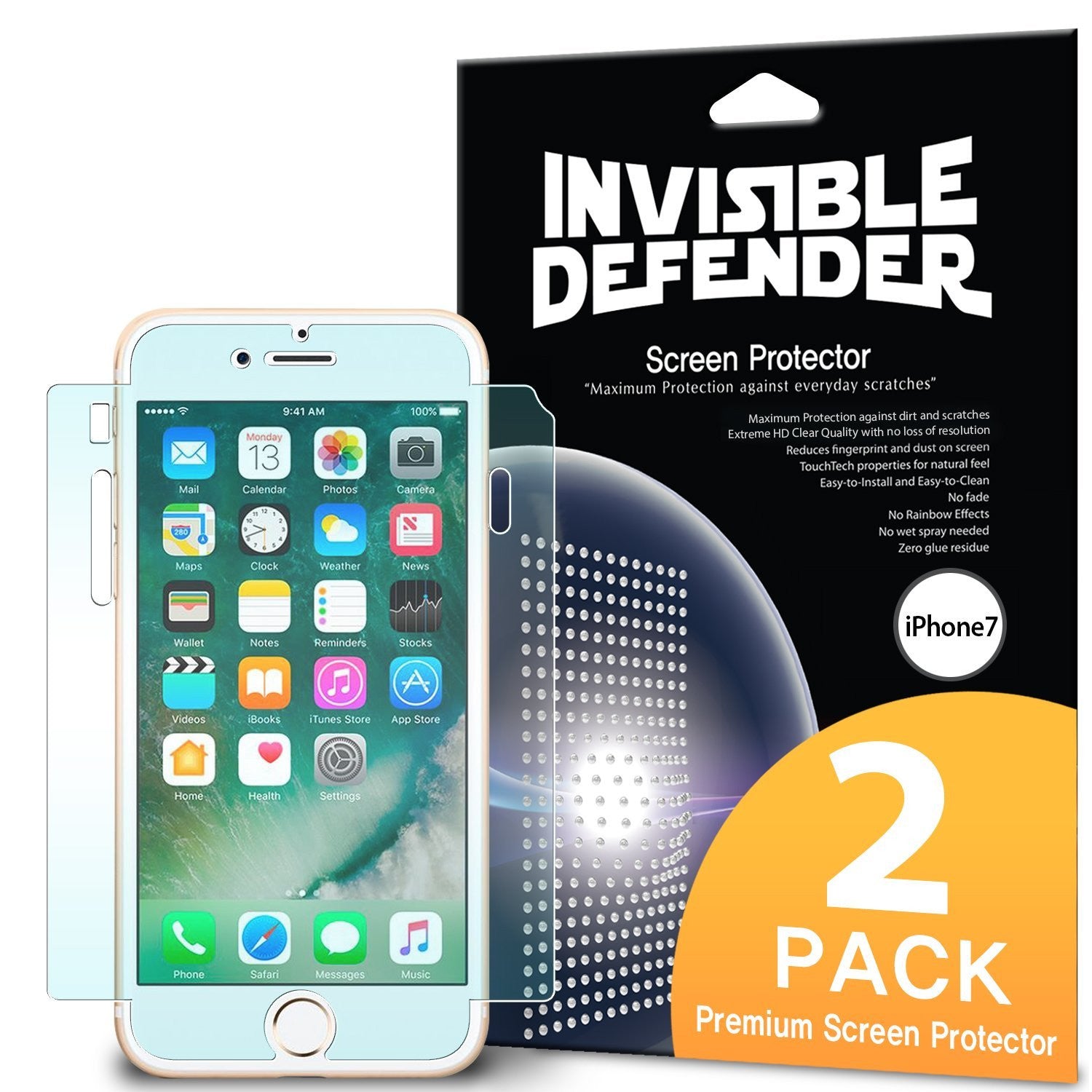 iPhone 7, Ringke® [Invisible Defender [Full Coverage] 2-Pack Screen Protector - iPhone 7 with screen protector and packaging.