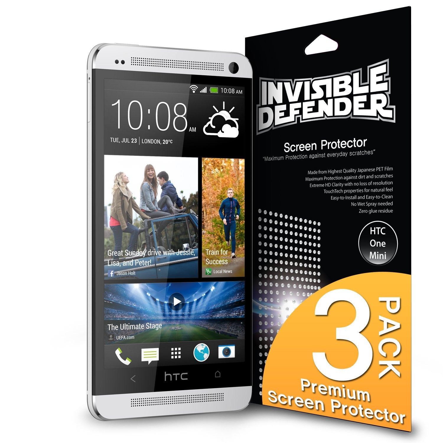 HTC One Mini M4 [INVISIBLE DEFENDER] 3 Pack - HTC One Mini smartphone next to a 3-pack of Invisible Defender screen protectors.