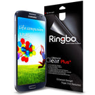 Galaxy S4 (S4 i9500 2013 Model) [ULTIMATE CLEAR PLUS] 2 Pack Screen Protector - Galaxy S4 Screen Protector - Samsung Galaxy S4 next to Ringbo Ultimate Clear Plus packaging with product specifications.