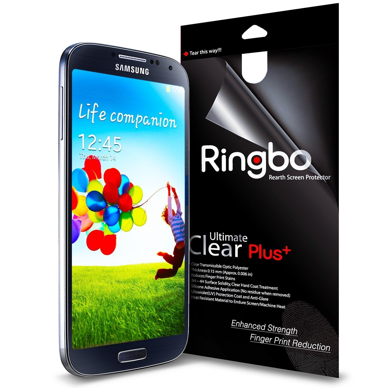 Galaxy S4 (S4 i9500 2013 Model) [ULTIMATE CLEAR PLUS] 2 Pack Screen Protector - Galaxy S4 Screen Protector - Samsung Galaxy S4 next to Ringbo Ultimate Clear Plus packaging with product specifications.