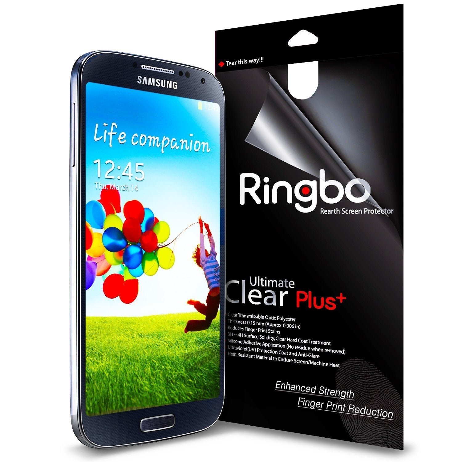 Galaxy S4 (S4 i9500 2013 Model) [ULTIMATE CLEAR PLUS] 2 Pack Screen Protector - Galaxy S4 Screen Protector - Samsung Galaxy S4 next to a Ringbo Ultimate Clear Plus screen protector retail package.