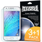 Galaxy J1 [INVISIBLE DEFENDER] 3+1 Pack - Samsung Galaxy J1 smartphone next to a 3+1 pack of Invisible Defender screen protectors.