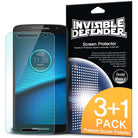 Droid Maxx 2 [INVISIBLE DEFENDER] 3+1 Pack - Droid Maxx 2 smartphone with a transparent screen protector and its retail packaging.