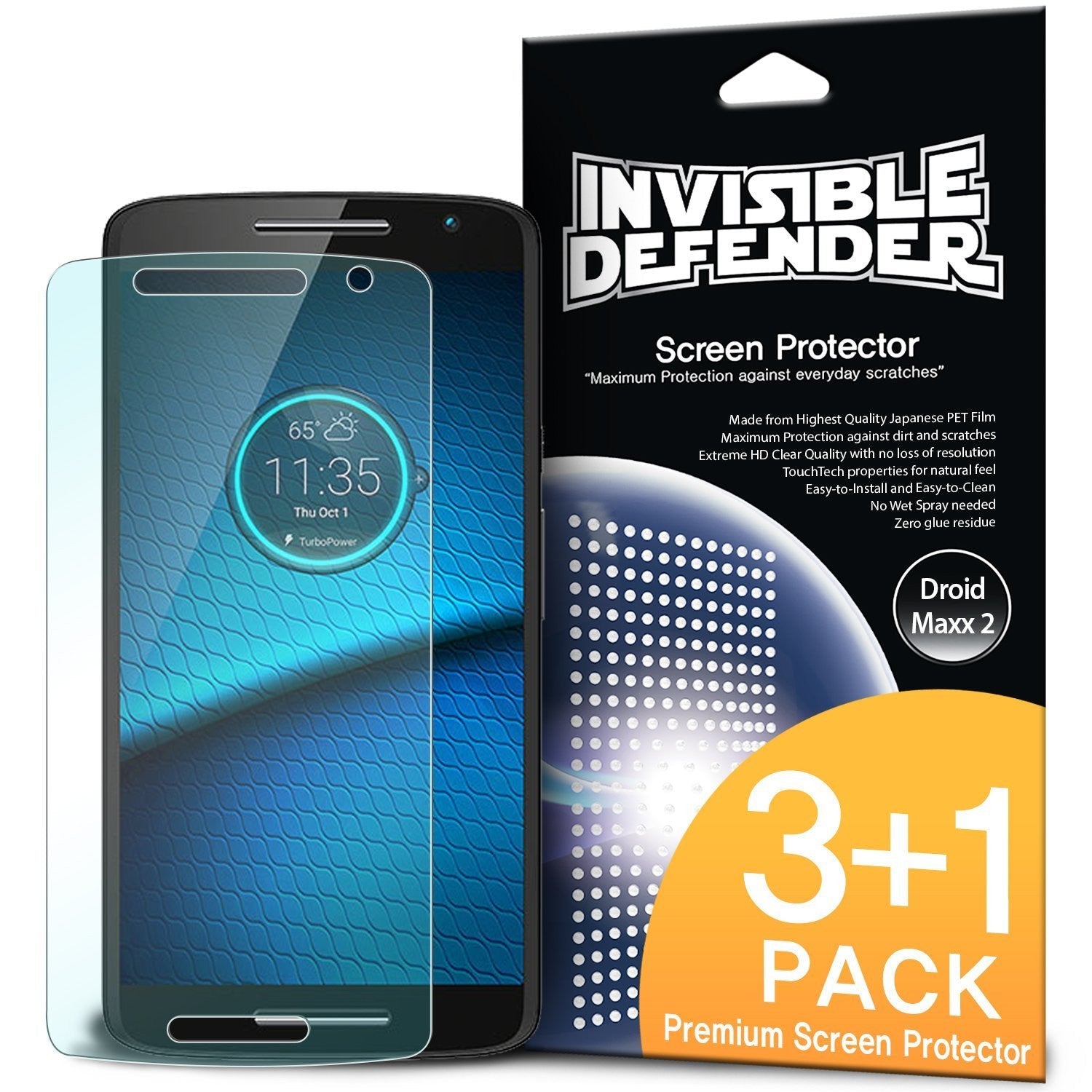 Droid Maxx 2 [INVISIBLE DEFENDER] 3+1 Pack - Droid Maxx 2 smartphone with a transparent screen protector and its retail packaging.