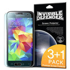 Galaxy S5 Mini [INVISIBLE DEFENDER] 3+1 Pack Screen Protector - Smartphone with screen protector next to retail packaging.
