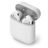 Ringke Airpods 2 / 1 Dust Guard Sticker - Three open AirPods cases on pedestals featuring metallic dust guard stickers.