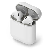 Ringke Airpods 2 / 1 Dust Guard Sticker - Three open AirPods cases on pedestals displaying metallic dust guard stickers.