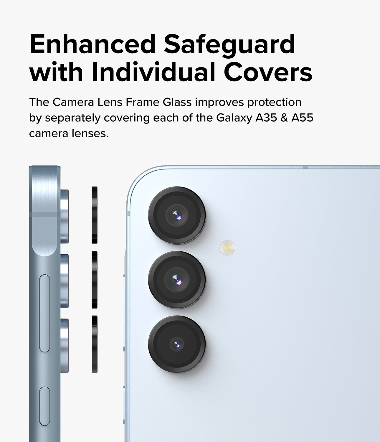 Galaxy A55 / A35 Camera Lens Frame Glass Protector - Enhanced Safeguard with Individual Covers. The camera Lens Frame Glass improves protection by separately covering each of the Galaxy A35 and A55 camera lenses.