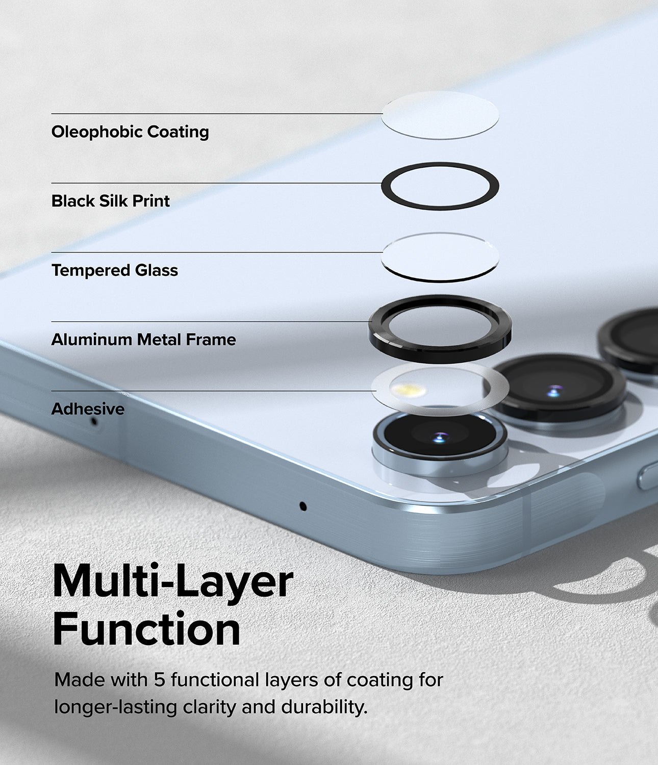 Galaxy A55 / A35 Camera Lens Frame Glass Protector - Multi-Layer Function. Made with 5 functional layers of coating for longer-lasting clarity and durability