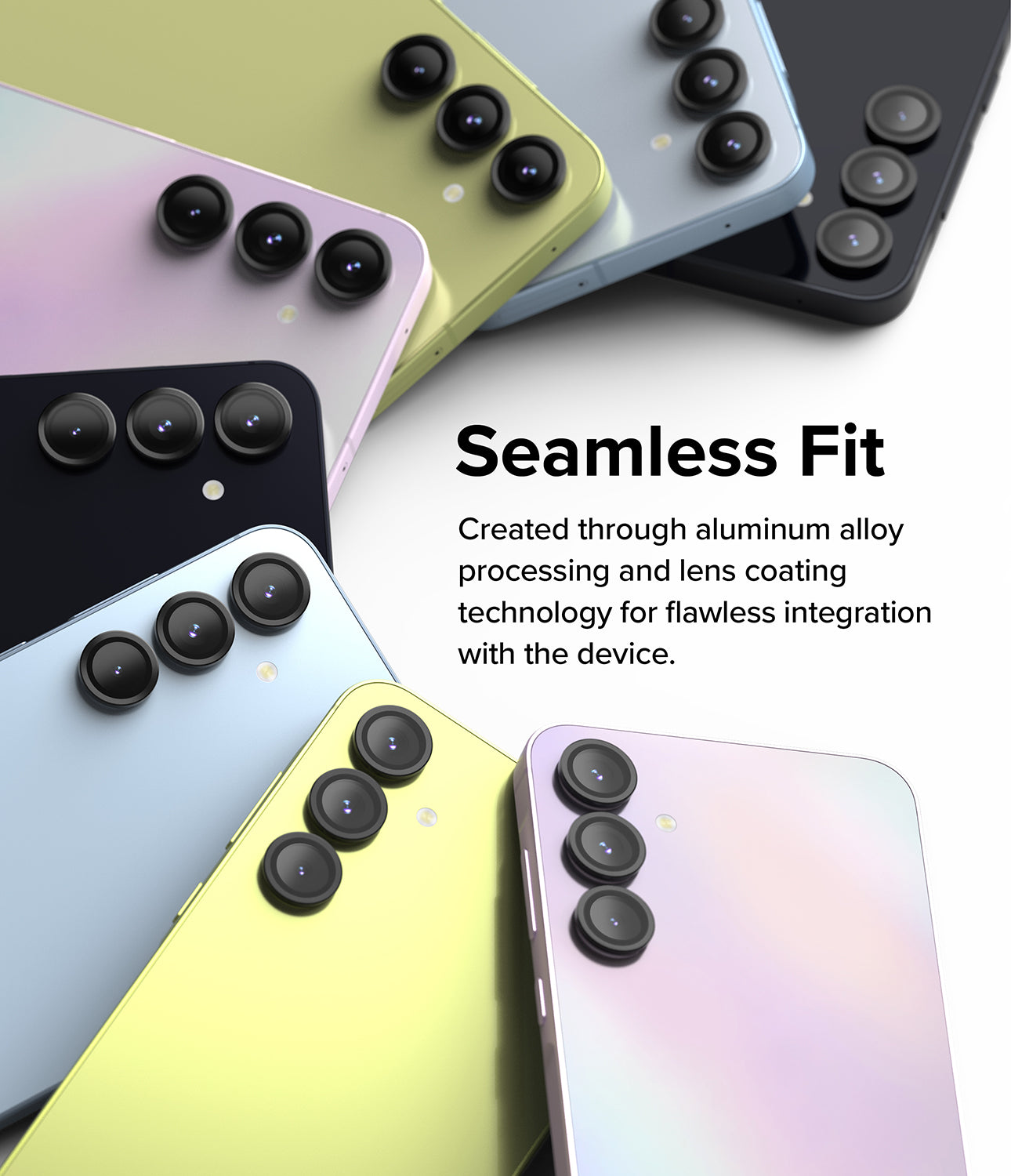 Galaxy A55 / A35 Camera Lens Frame Glass Protector - Seamless Fit. Created through aluminum alloy processing and lens coating technology for flawless integration with the device.