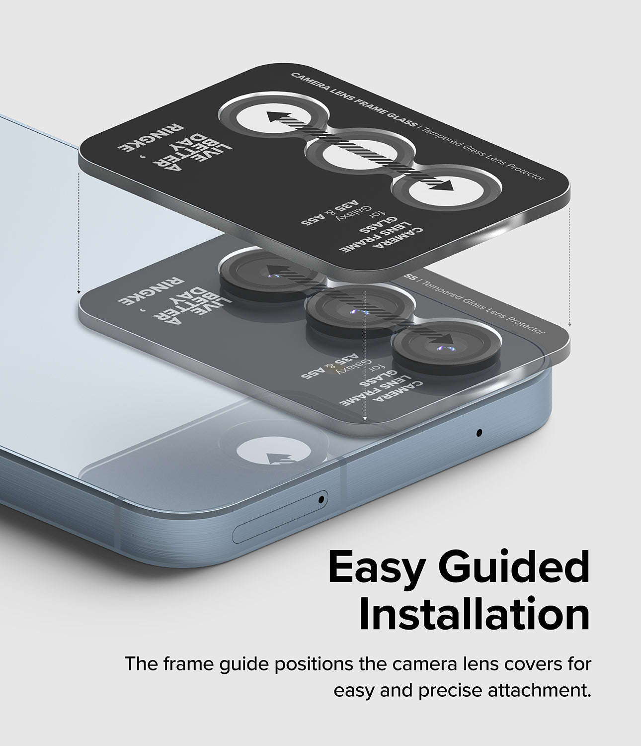 Galaxy A55 / A35 Camera Lens Frame Glass Protector - Easy Guided Installation. The frame guide positions the camera lens covers for easy and precise attachment.