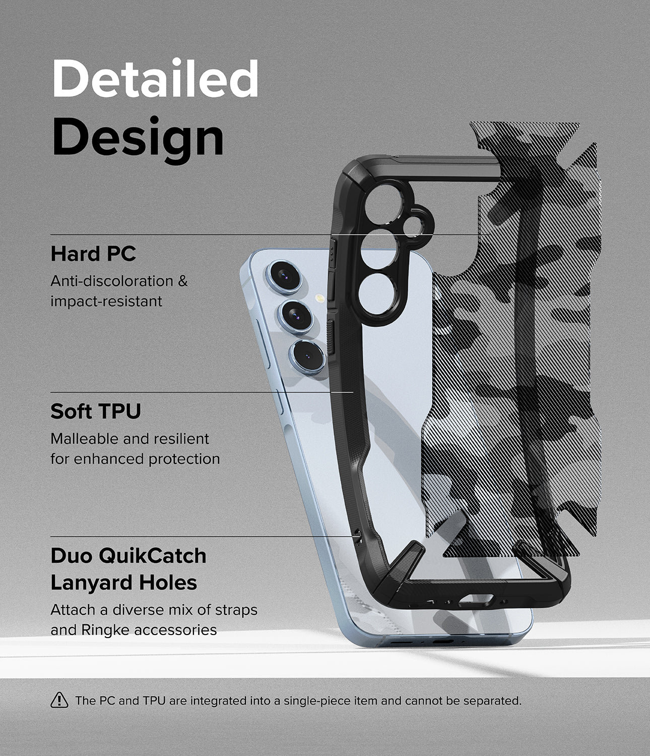 Galaxy A35 Case | Fusion-X - Detailed Design. Anti-discoloration and impact-resistant with Hard PC. Malleable and resilient for enhanced protection with Soft TPU. Duo QuikCatch Lanyard Holes to attach a diverse mix of straps and Ringke accessories.