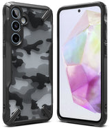 Galaxy A35 Case | Fusion-X - Multiple black Fusion-X phone cases for Galaxy A35, one featuring a grey camouflage pattern.