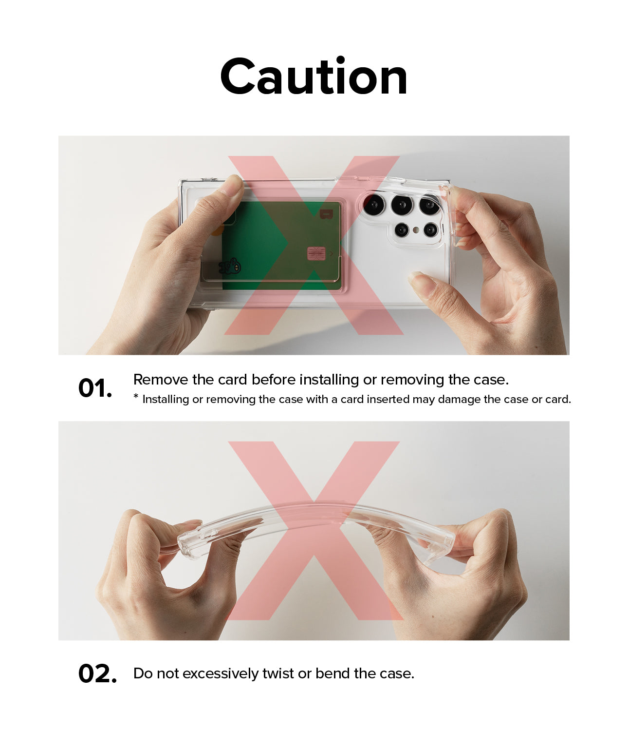 Galaxy A35 Case | Fusion Card - Caution. Remove the card before installing or removing the case. Do not excessively twist or bend the case.