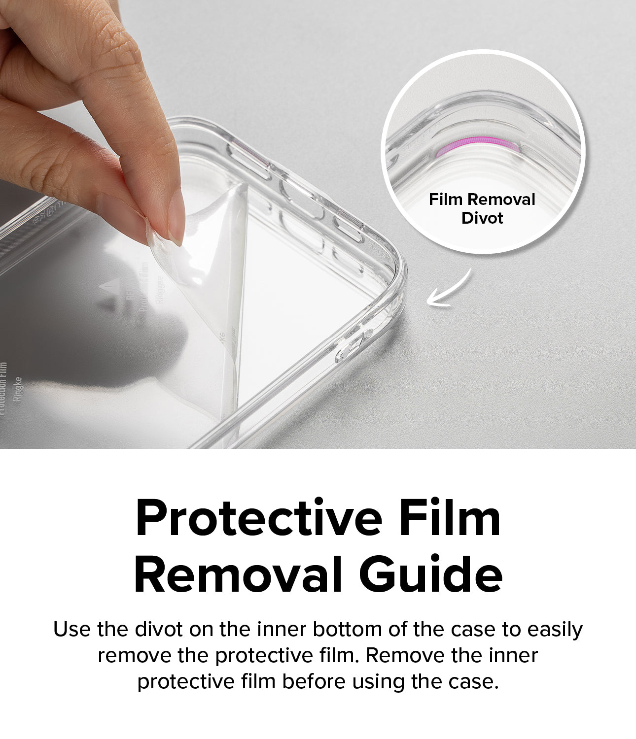 Galaxy A35 Case | Fusion Card - Protective Film removal Guide. Use the divot on the inner bottom of the case to easily remove the protective film. Remove the inner protective film before using the case.