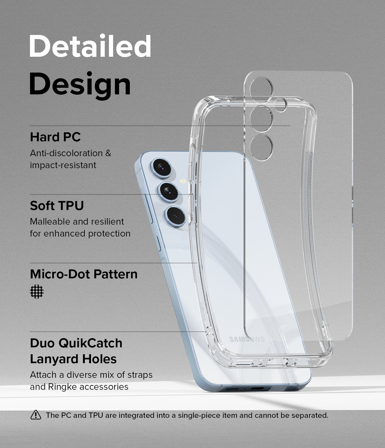 Galaxy A35 Case | Fusion - Detailed Design. Anti-discoloration and impact-resistant with Hard PC. Malleable and resilient for enhanced protection with Soft TPU. Micro-Dot Pattern. Duo QuikCatch Lanyard Holes to attach a diverse mix of straps and Ringke accessories.