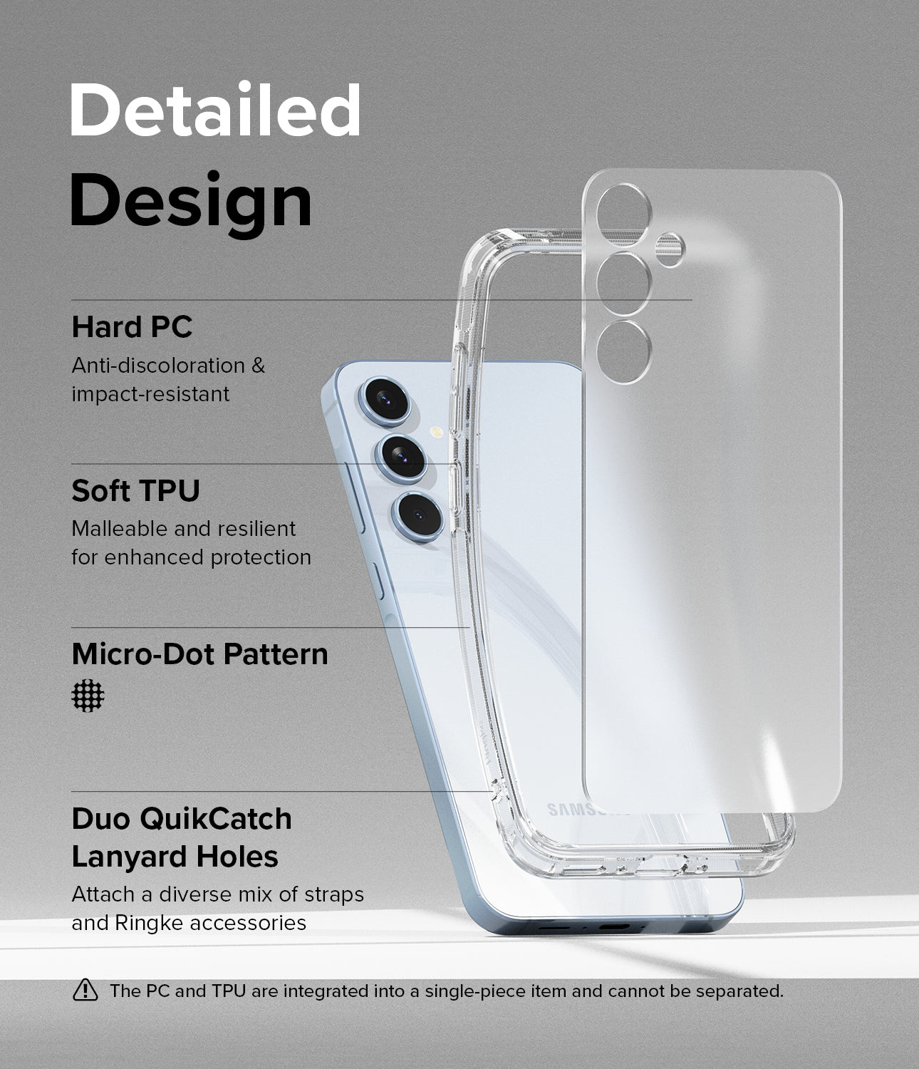 Galaxy A35 Case | Fusion Matte - Detailed Design. Anti-discoloration and impact-resistant with Hard PC. Malleable and resilient for enhanced protection with Soft TPU. Micro-Dot Pattern. Duo QuikCatch Lanyard Holes with attach a diverse mix of straps and Ringke accessories.