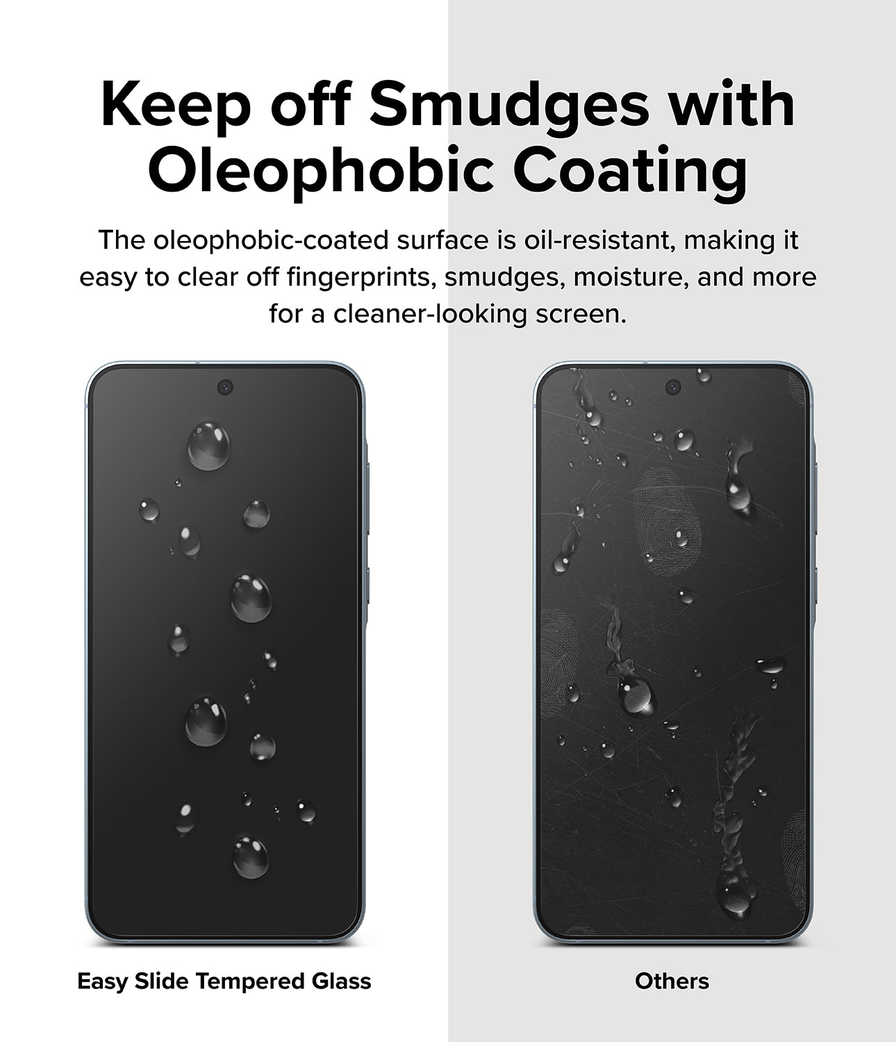 Galaxy A35 Screen Protector | Easy Slide Tempered Glass - Keep off Smudges with Oleophobic Coating. The oleophobic-coated surface is oil-resistant, making it easy to clear off fingerprints, smudges, moisture, and more for a cleaner-looking screen.