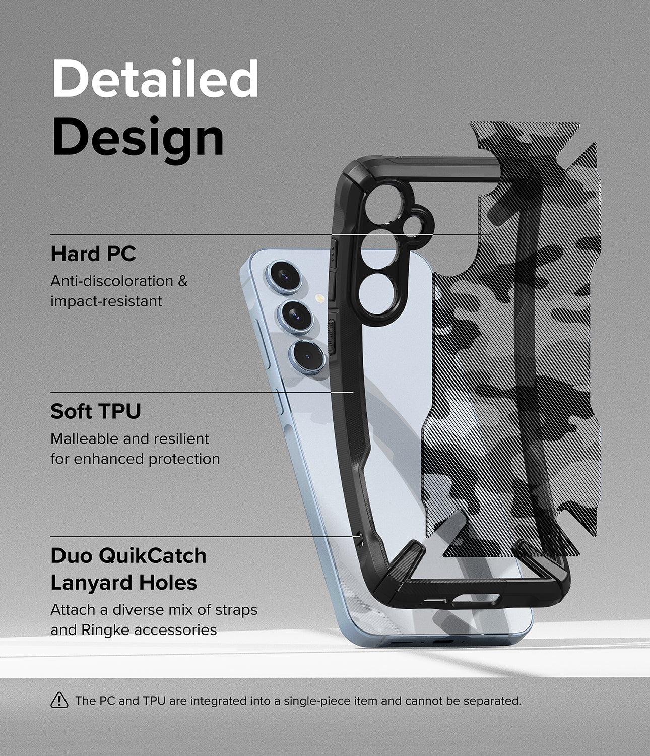Galaxy A55 Case | Fusion-X - Detailed Design. Anti-discoloration and impact-resistant with Hard PC. Malleable and resilient for enhanced protection with Soft TPU. Duo QuikCatch Lanyard Holes to attach a diverse mix of straps and Ringke accessories.