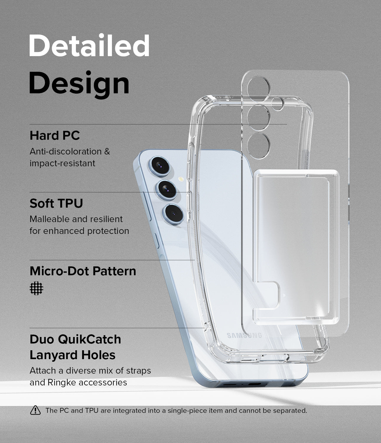 Galaxy A55 Case | Fusion Card - Detailed Design. Anti-discoloration and impact resistant with Hard PC. Malleable and resilient for enhanced protection with soft TPU. Micro-Dot Pattern. Duo QuikCatch Lanyard Holes to attach a diverse mix of straps and Ringke accessories.