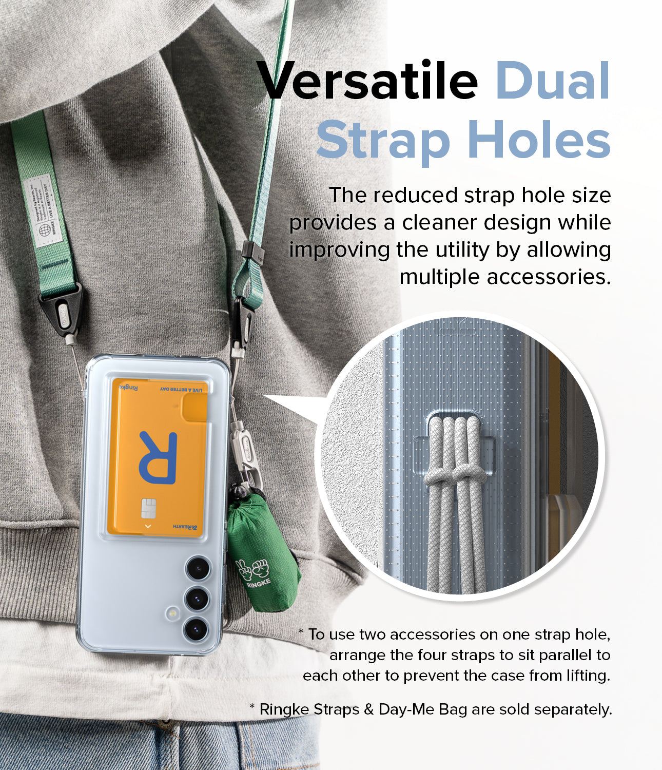 Galaxy A55 Case | Fusion Card - Versatile Dual Strap Holes. The reduced strap hole size provides a cleaner design while improving the utility by allowing multiple accessories.