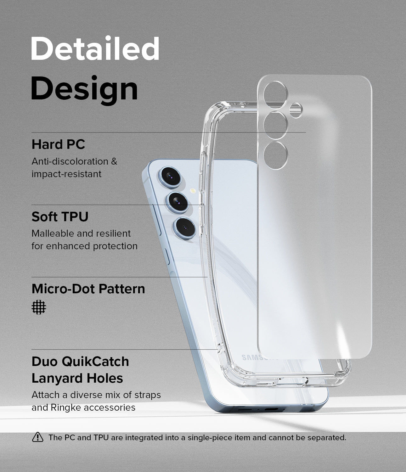Galaxy A55 Case | Fusion Matte - Detailed Design. Anti-discoloration and impact with Hard PC. Malleable and resilient for enhanced protection with Soft TPU. Micro-Dot Pattern. Duo QuikCatch Lanyard Holes. Attach a diverse mix of straps and Ringke accesories.