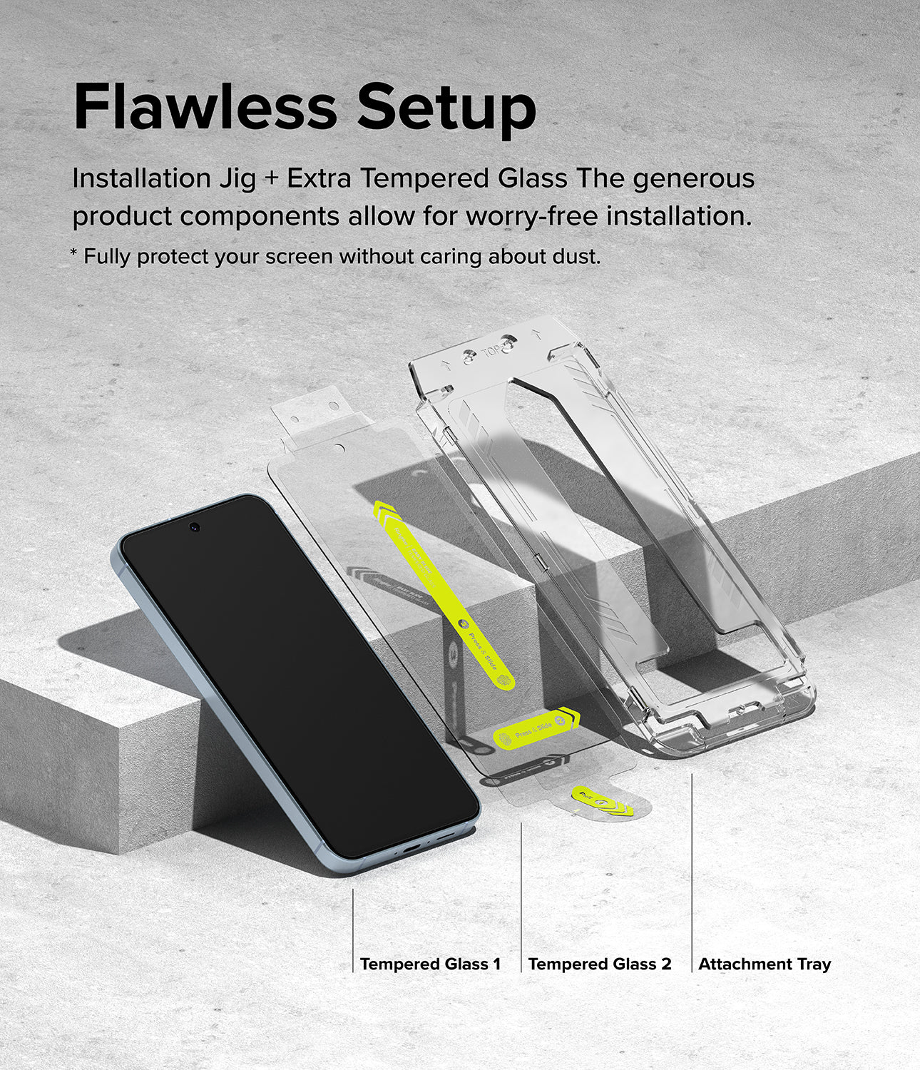 Galaxy A55 Screen Protector | Easy Slide Tempered Glass - Flawless Setup. Installation Jig + extra Tempered Glass. The generous product components allow for worry-free installation.
